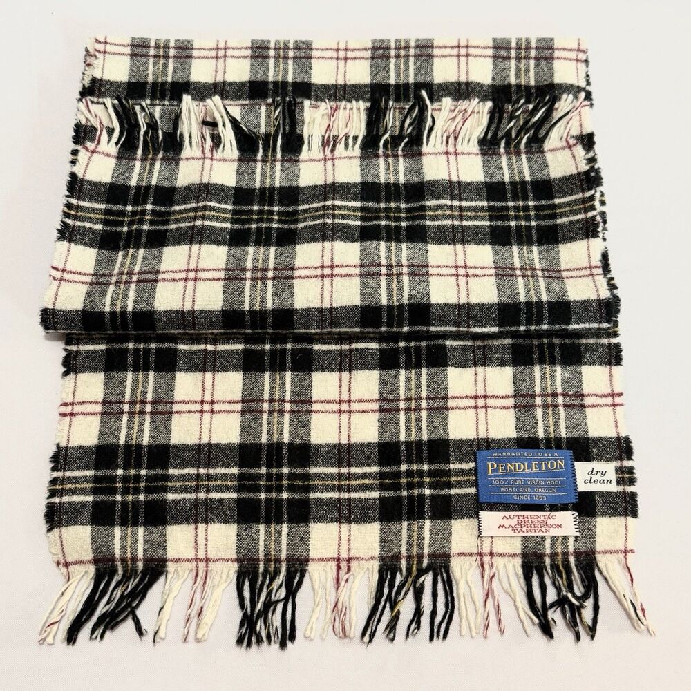 Vintage Pendleton Wool Fringe Scarf MacPherson Tartan Plaid Black Red USA Made